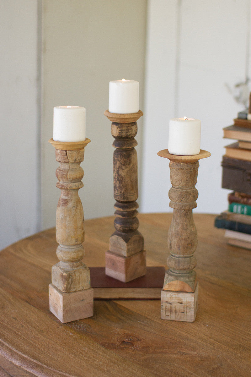 SET OF 3 ASSORTED WOODEN RECLAIMED BANISTER CANDLE STANDS