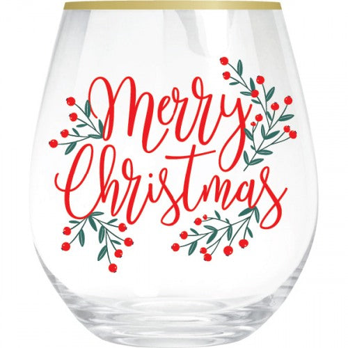 MERRY CHRISTMAS STEMLESS WINE GLASS