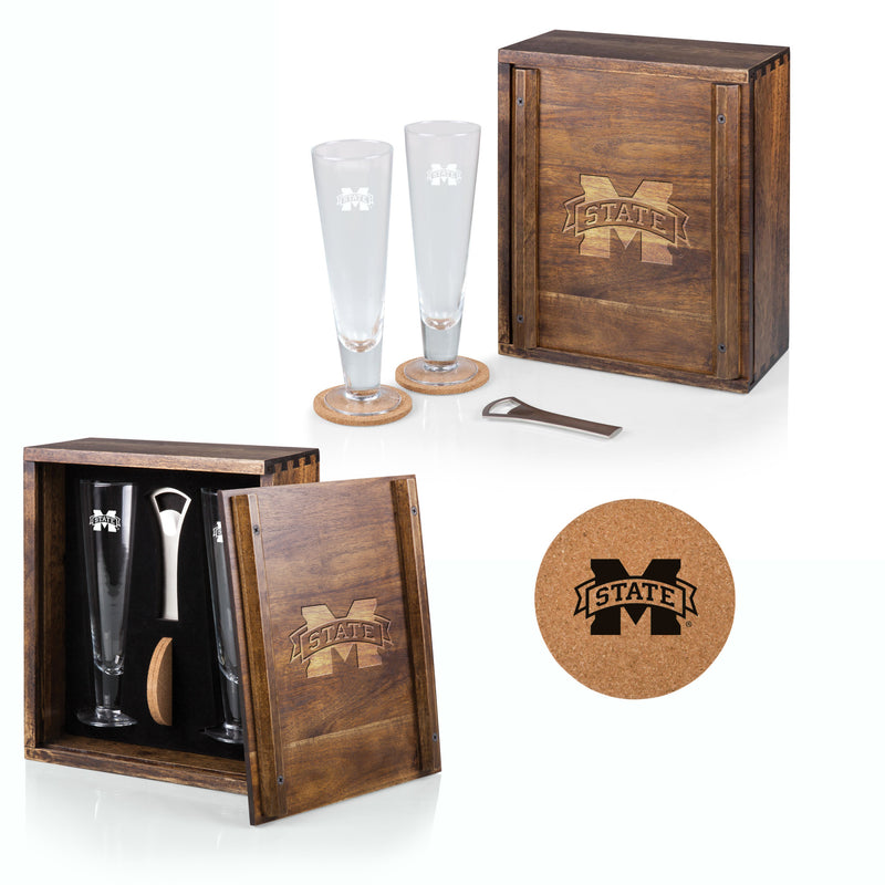 Mississippi State Bulldogs - Pilsner Beer Glass Gift Set, (Acacia Wood)