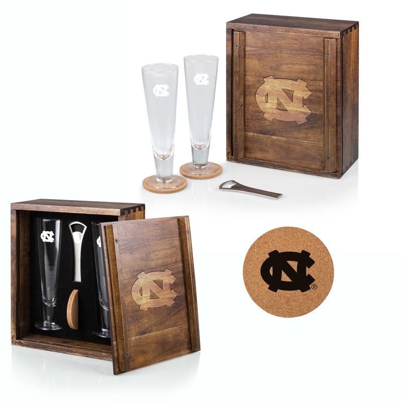 North Carolina Tar Heels - Pilsner Beer Glass Gift Set, (Acacia Wood)