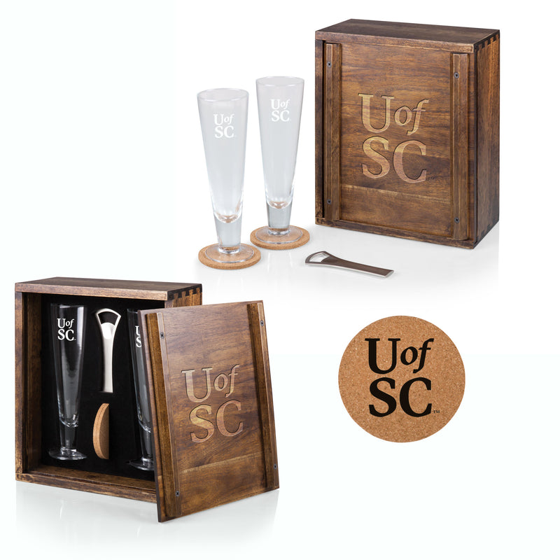 South Carolina Gamecocks - Pilsner Beer Glass Gift Set, (Acacia Wood)