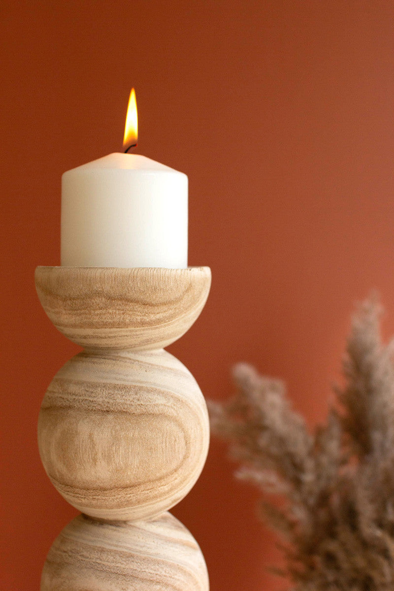 Set of Two Hand Carved Wooden Stacked Ball Candle Holders