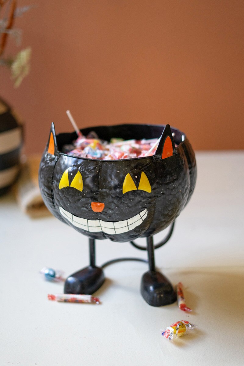 PAINTED METAL BLACK CAT CANDY BOWL