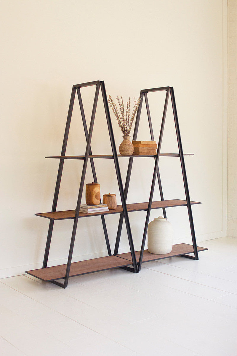 DOUBLE ANGLE IRON AND WOOD THREE TIERED SHELVING UNIT