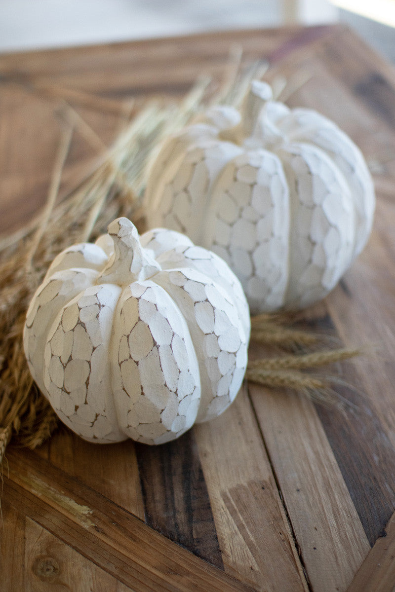 SET OF TWO FAUX WHITE-WASH RESIN PUMPKINS