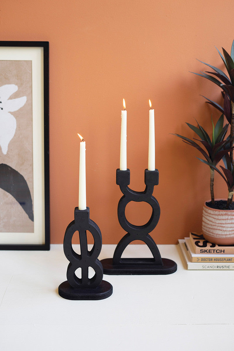 SET OF TWO BLACK WOODEN TAPER CANDLE HOLDERS