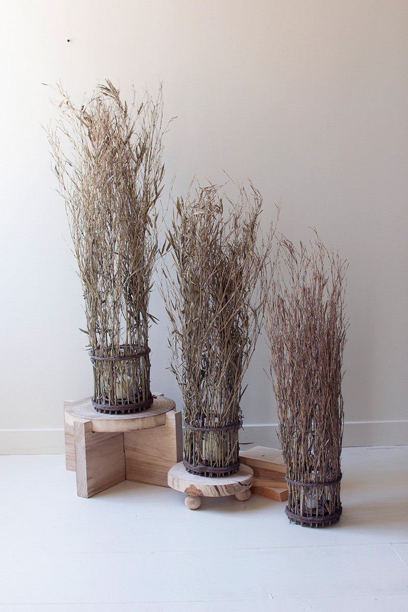 SET OF THREE TALL NATURAL BAMBOO AND WOOD LANTERNS