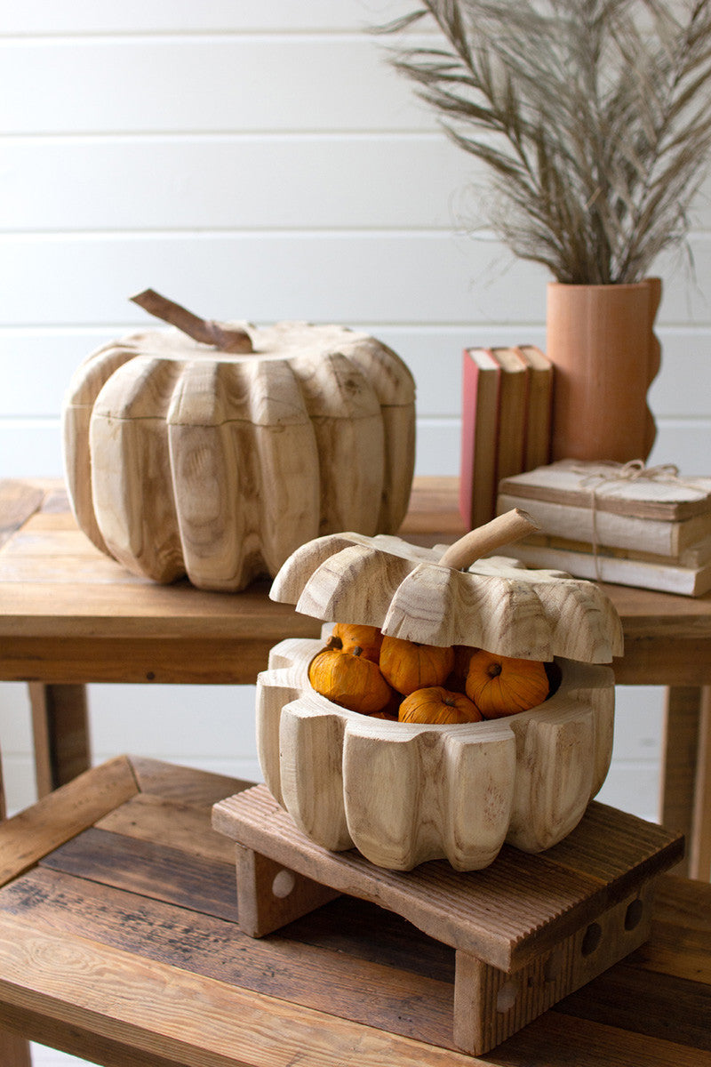 SET OF TWO CARVED WOOD PUMPKINS WITH REMOVABLE LIDS