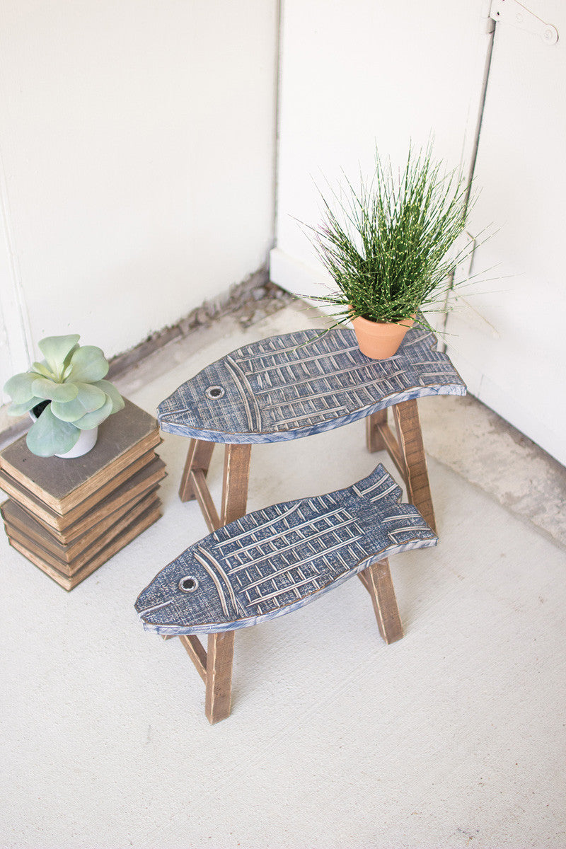 SET OF TWO WOODEN FISH STOOLS