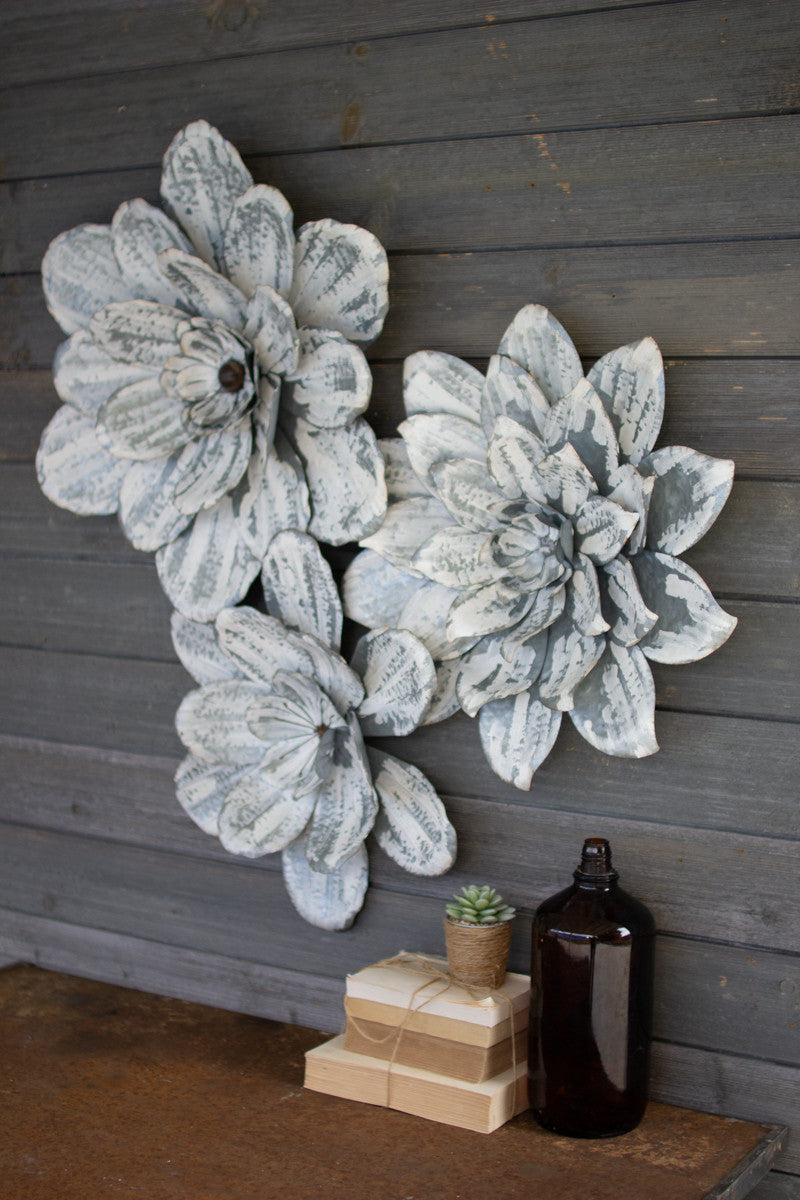 SET OF THREE WHITE-WASHED WALL FLOWERS