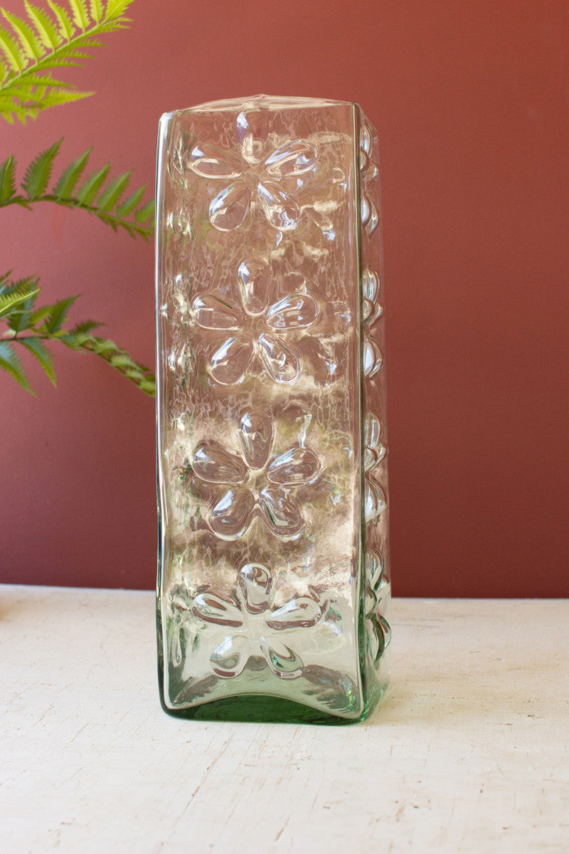 SQUARE GLASS VASE WITH EMBOSSED FLOWERS