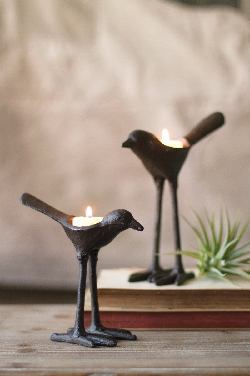 SET OF TWO CAST IRON BIRD TEA LIGHT HOLDERS