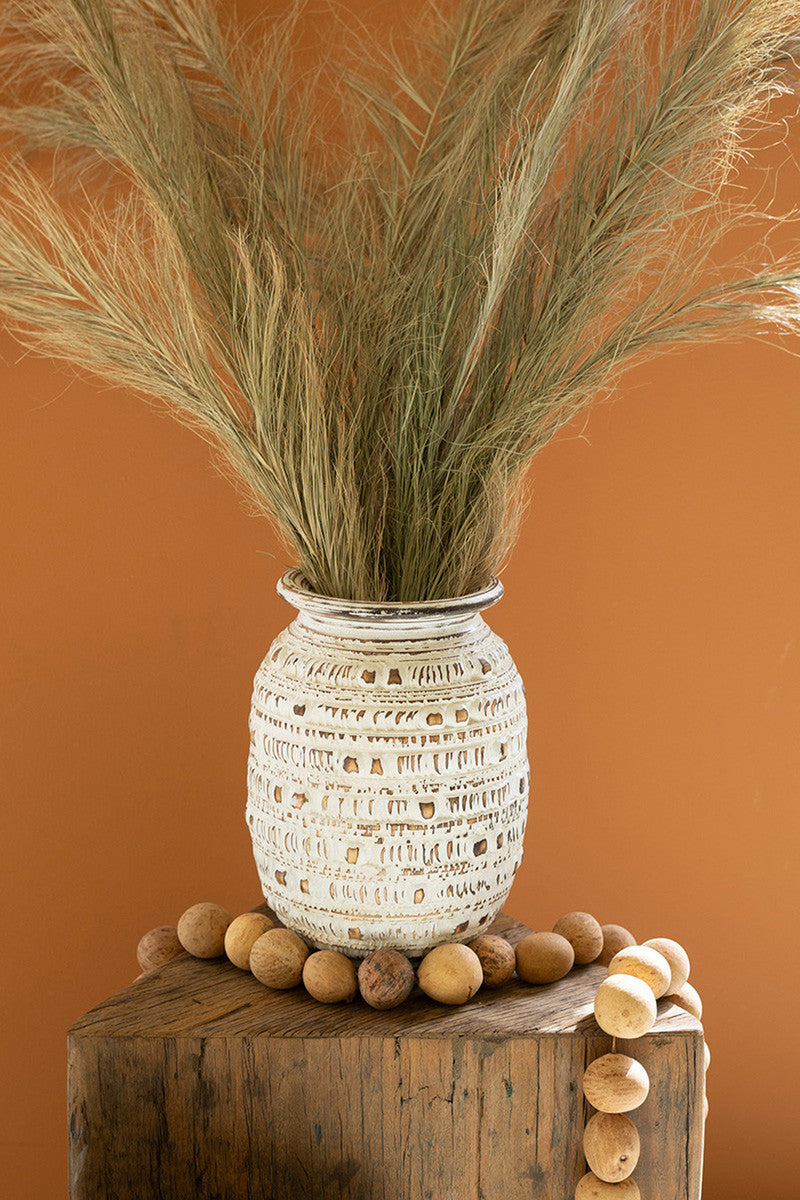 CARVED DECORATIVE URN - NATURAL AND WHITE