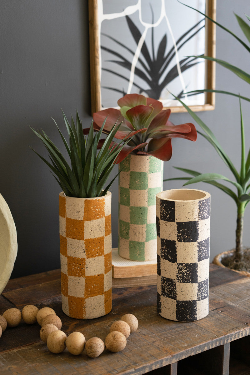 SET OF THREE CHECKERED CLAY CYLINDER VASES