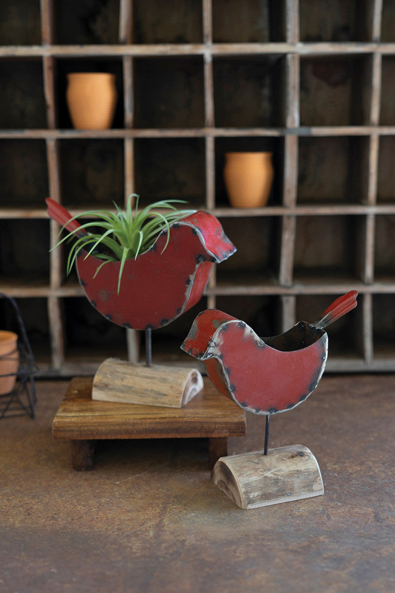 SET OF TWO RED METAL BIRD PLANTERS