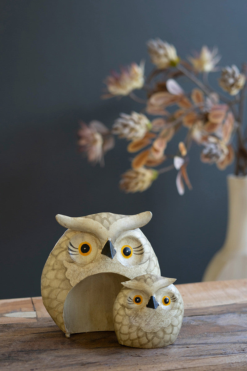 SET OF TWO PAINTED METAL OWLS