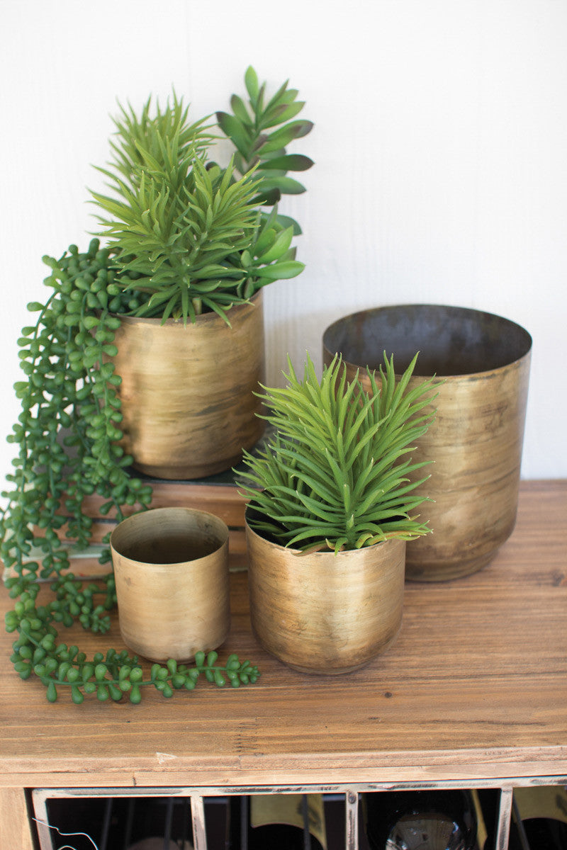 SET OF FOUR  METAL AGED BRASS FLOWER POTS