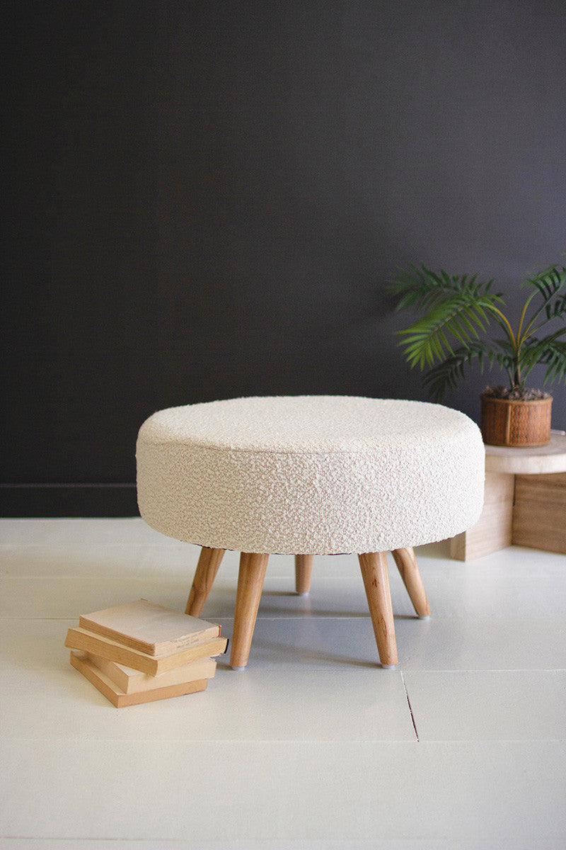 LARGE BOUCLE STOOL WITH WOODEN LEGS - PEARL