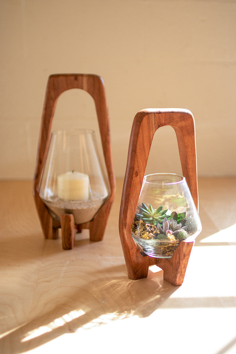 OVAL WOOD AND GLASS LANTERN - SMALL