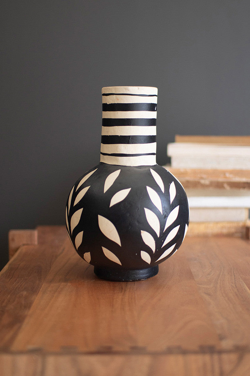 BLACK AND WHITE PAPER MACHE VASE - BOTTLE