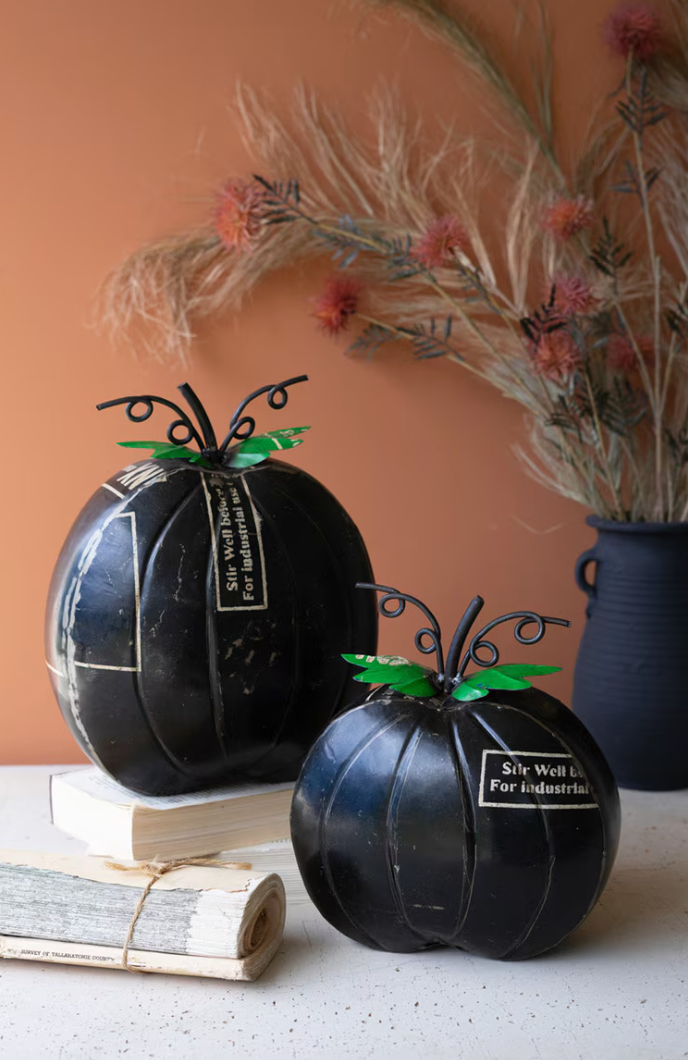 SET OF TWO RECYCLED IRON PUMPKINS - BLACK