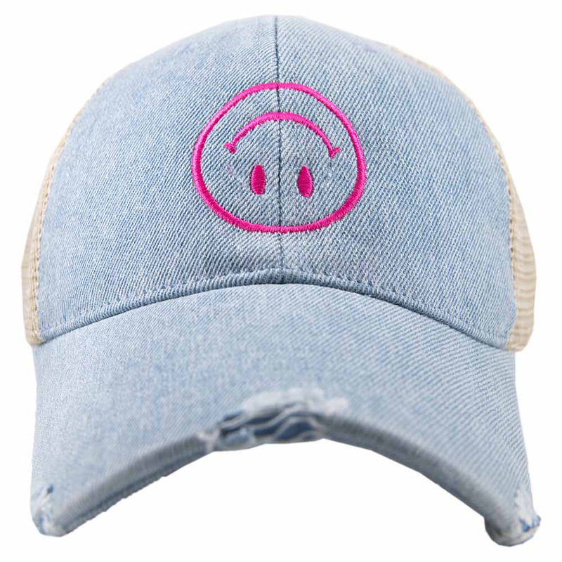 Upside Smiley Face Denim Trucker Hat
