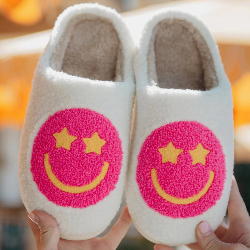 HOT PINK HAPPY FACE SLIPPERS