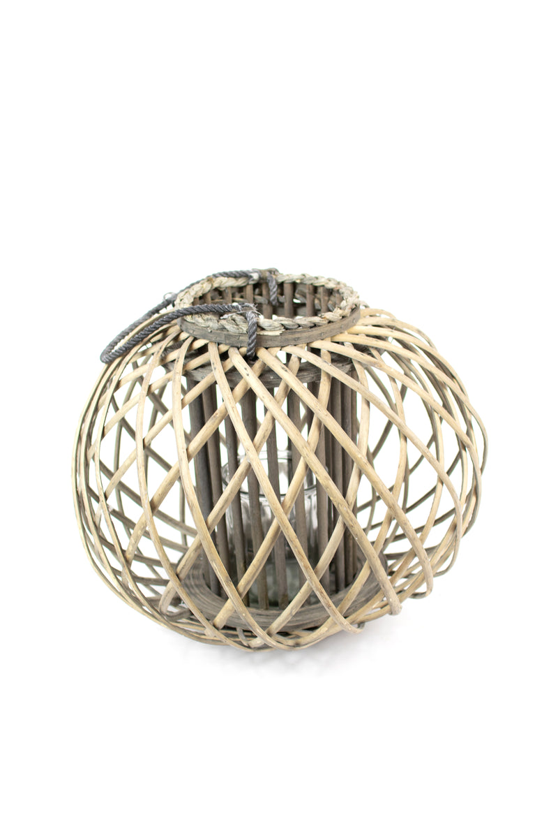 Large Low Round Grey Willow Lantern with Glass