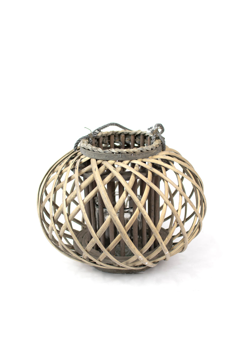 Small Low Round Grey Willow Lantern with Glass