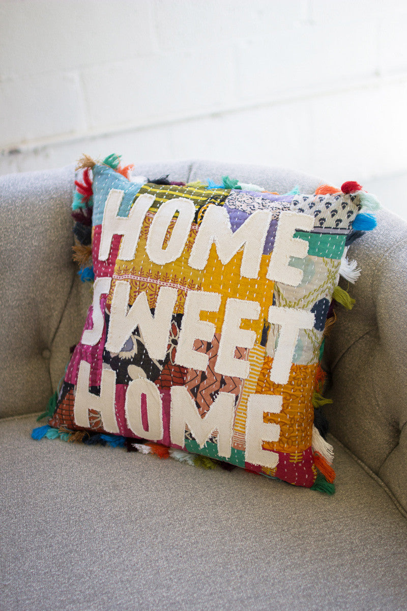 Kantha Pillow With Tassels - Home Sweet Home