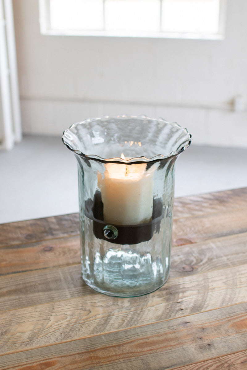 Ribbed Glass Candle Cylinder w/Rustic Insert Small