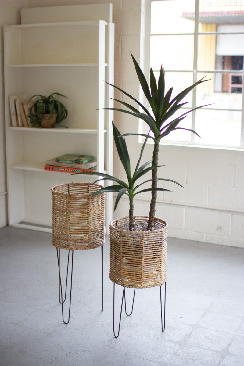 Set of Two Round Seagrass Planters With Iron Bases