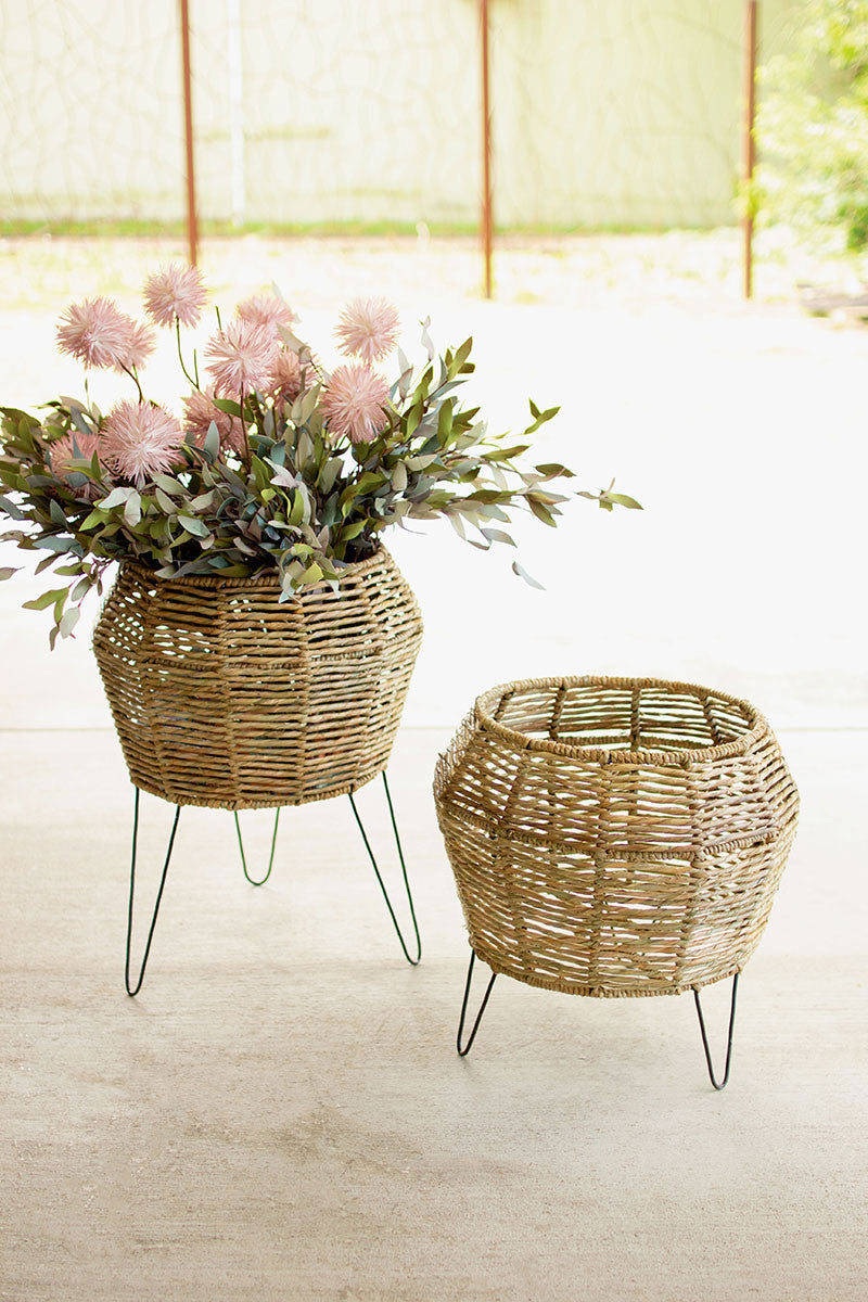 Set of 2 Round Seagrass Planters on Iron Stands