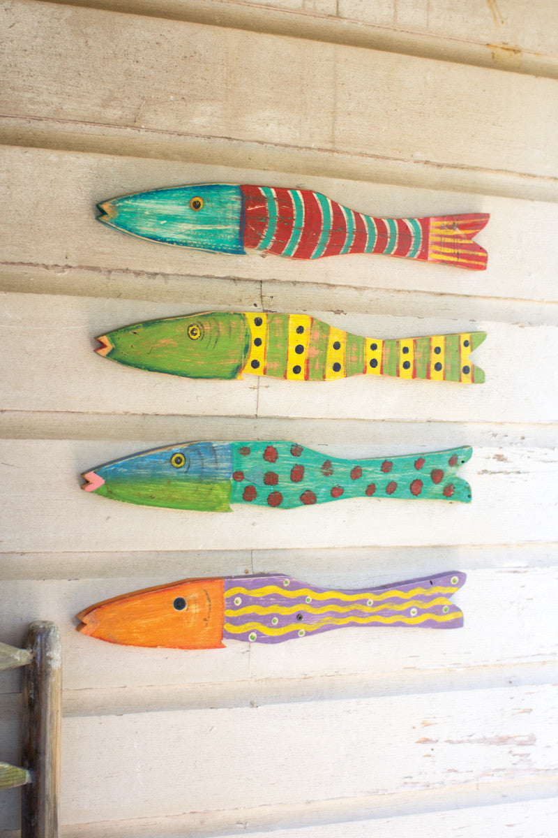 Set of 4 Painted Recycled Wood Folk Art Fish
